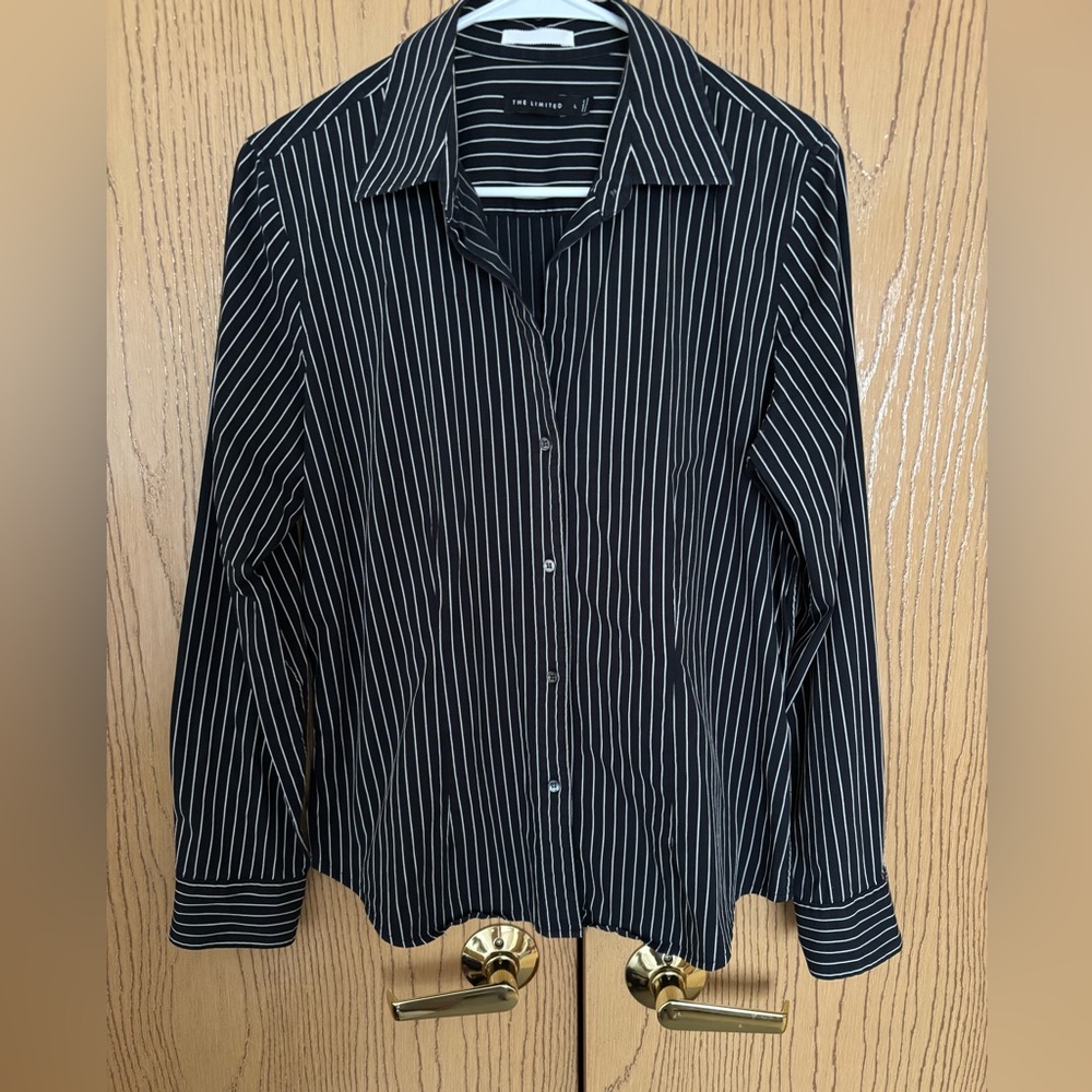 The Limited Classic Black/White Striped Tailored Blouse, size L